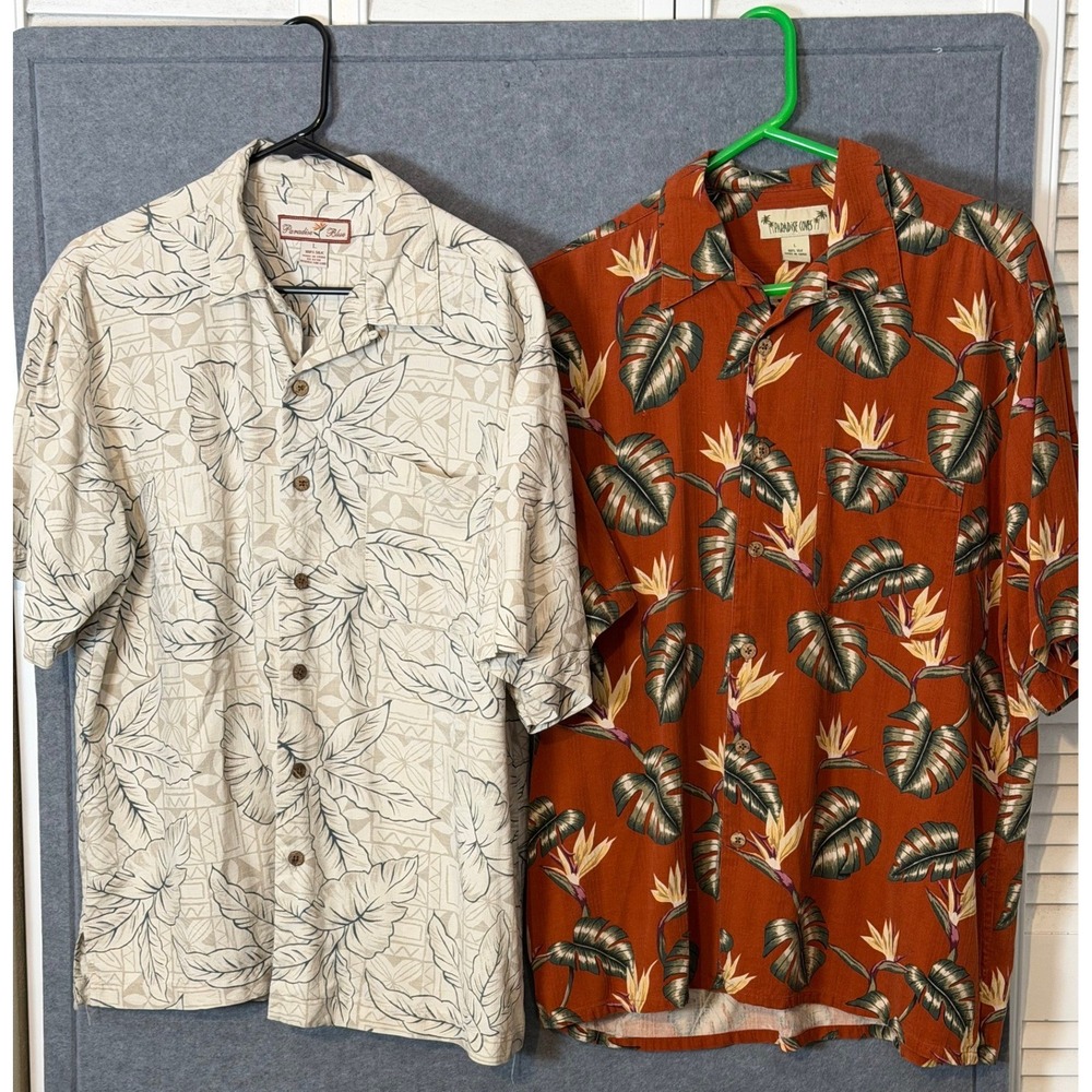 2pc Paradise Blue Coves Silk Resortwear Shirts L Boho Island Tropical Floral